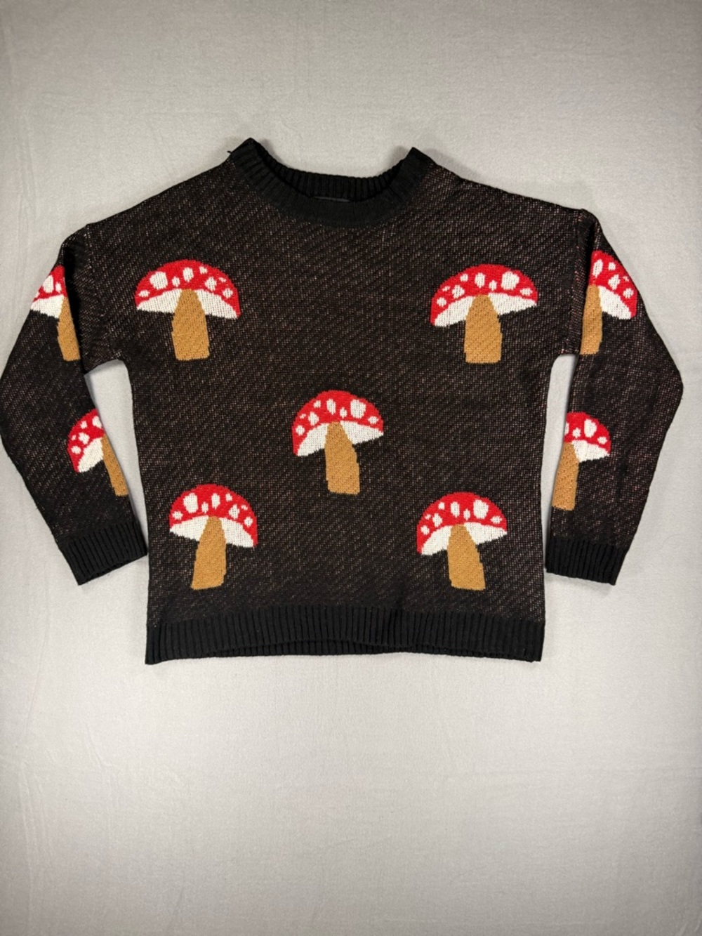 Just Polly Black Mushroom Print Crewneck Knit Sweater Cottagecore Goblin Grandma